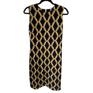 J McLaughlin Women’s Black/Gold Geometric Stretch Shift Dress Size M OfficeChic